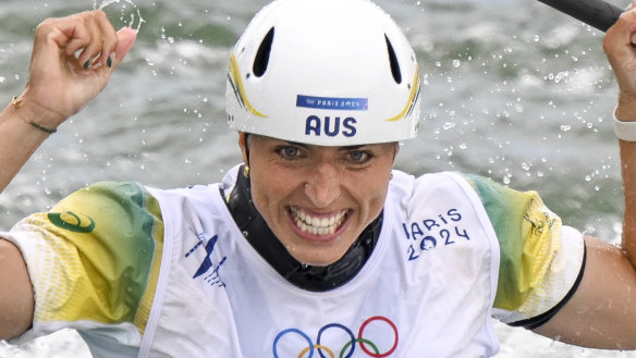 Jess Fox celebrates her second gold medal of the Paris Games.