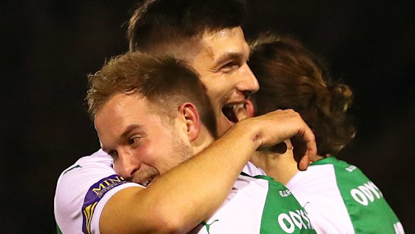 Velibor Mitrovic and Jacob Alexander of Bentleigh Greens celebrate a goal.