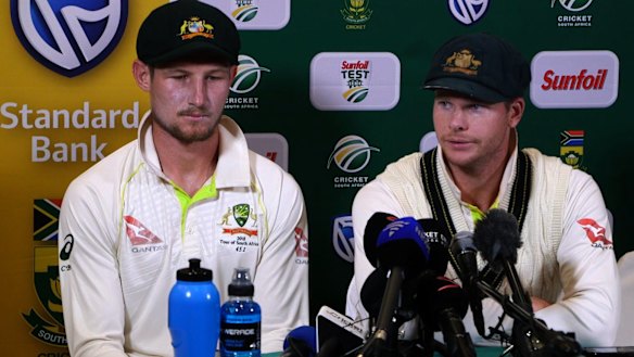Caught red-handed: Cameron Bancroft and Steve Smith face the media in Cape Town.