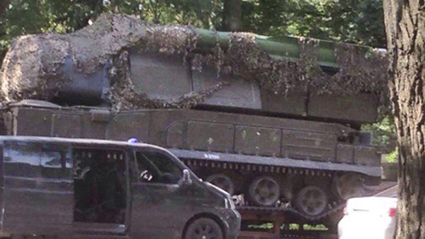 A Russian Buk-Telar missile launching system probably taken to the town of Makeevka, Ukraine, on July 17, 2014.