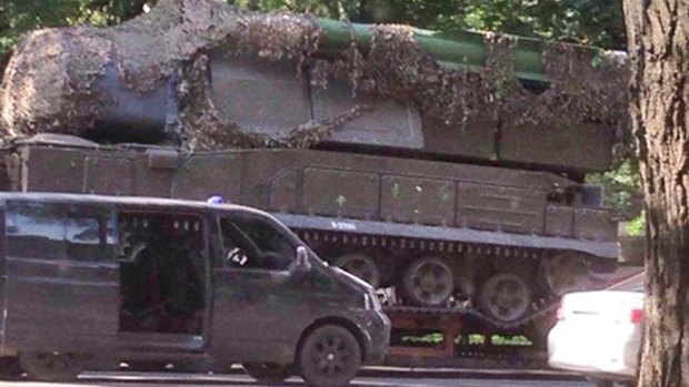 A Russian Buk-Telar missile launching system probably taken to the town of Makeevka, Ukraine, on July 17, 2014.