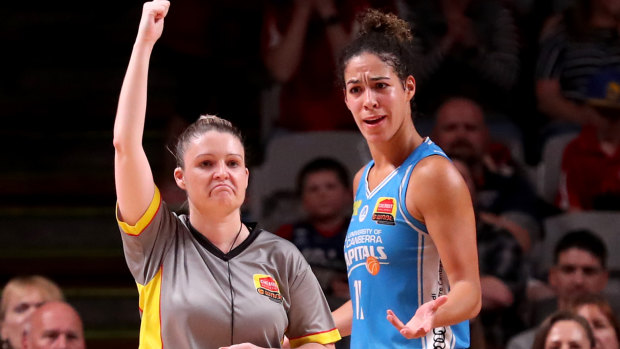 Kia Nurse of the Capitals questions Referee Vanessa Devins call during game two.