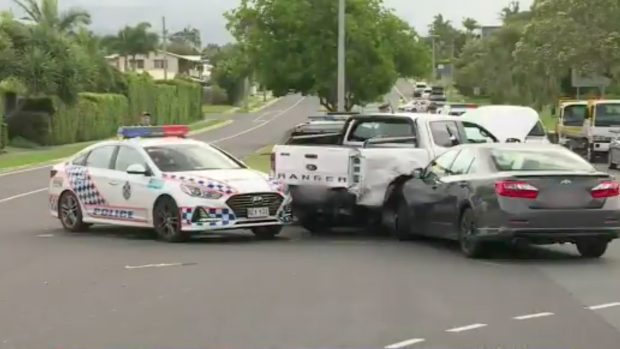 The chase began about 1.20pm when the stolen Ford Ranger was spotted in the Mooloolah Valley.