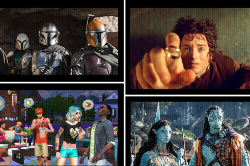 Sometimes it’s words that help make make-believe more believable. Clockwise from left: The Mandalorian, The Lord of the Rings, Avatar and The Sims.