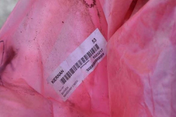The body was wrapped in a plastic sheet which previously contained a new mattress purchased by Todd Kiernan, with the identifying sticker still on it. 