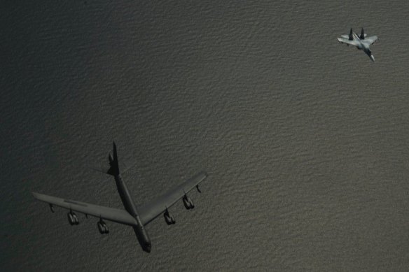 A B-52 and a Russian Su27 fighter over the Baltic Sea in 2017.