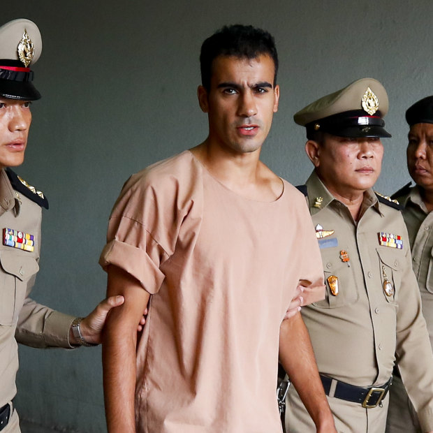 Thai prison officers escort Hakeem al-Araibi following an extradition hearing in Bangkok Criminal Court in February this year. A week later, he was released and flew back to Melbourne.