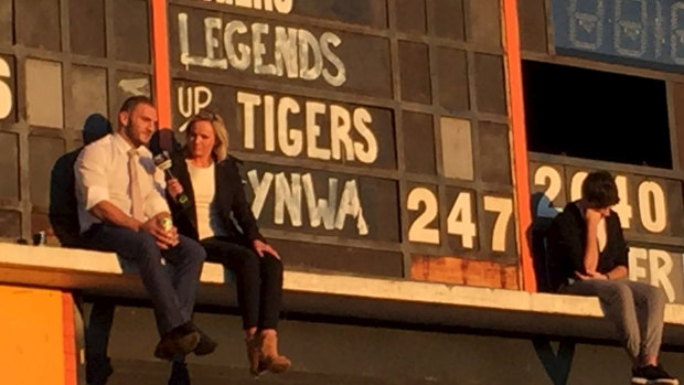 Last drinks: Farah is interviewed on the Leichhardt Oval scoreboard following what was thought to be his final farewell.