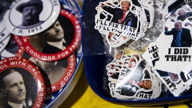 Stickers supporting Donald Trump and criticising US President Joe Biden for sale during the Conservative Political Action Conference.
