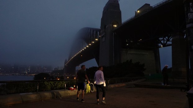 Fog over Sydney Harbour on Thursday morning. 