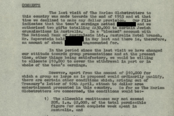 The official note revealing just how much mo<em></em>ney the Harlem Globetrotters had to leave in Australia.