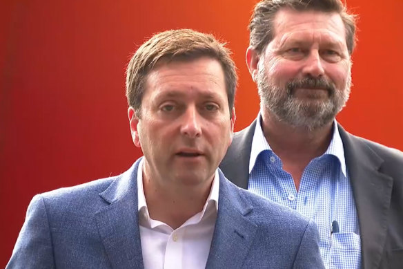 Matthew Guy speaks to reporters at a press conference in Wodonga on Friday.