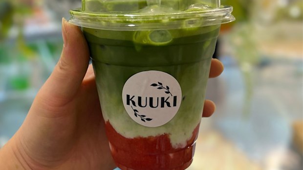 Iced strawberry matcha at Kuuki Cafe.