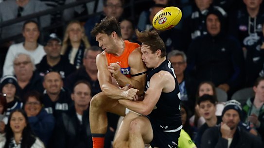 Toby Greene was offered a one-match suspension after this clash with Carlton’s Jordan Boyd.