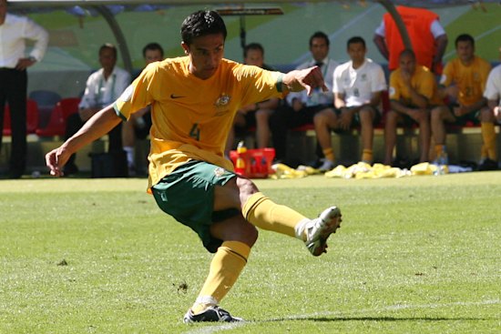 Tim Cahill shoots his 2nd goal   during to put Australia into 3-1 lead over Japan at the 2006 Cup in Germany.