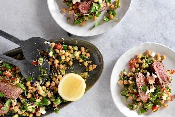 Gently spiced lamb and a herb-strewn grain salad make a healthy and satisfying meal.