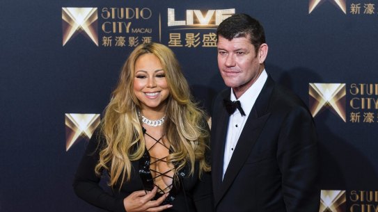 James Packer at the height of his casino gamble, opening of the Melco Crown’s Studio City complex in Macau with his then fiancee Mariah Carey. 