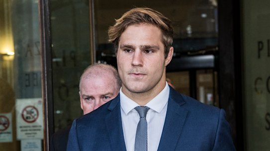 Jack de Belin leaves court after he was found not guilty of one charge.