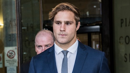Jack de Belin leaves court after he was found not guilty of one charge.