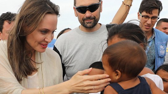 UNHCR's special envoy Angelina Jolie meets Venezuelan migrants at a United Nations-run camp in Maicao, Colombia, on the border.