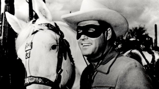 Clayton Moore in his role as The Lone Ranger. Moore starred in ``The Lone Ranger'' from 1949-52 and 1954-57, crusading against villains on his horse Silver. 