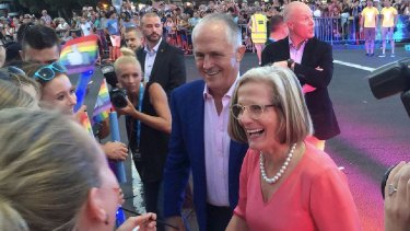 Former prime minister Malcolm Turnbull, pictured with wife Lucy, marched in the 2016 Mardi Gras parade.