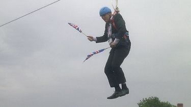 Boris Johnson dangles on a zipline over crowds in London during the 2012 Olympics.