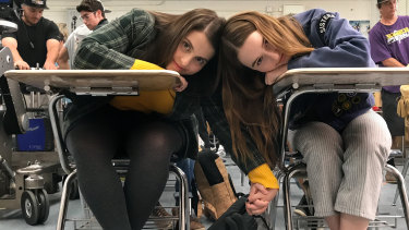 Beanie Feldstein and Kaitlyn Dever on the set of Olivia Wilde’s directorial debut, Booksmart.
