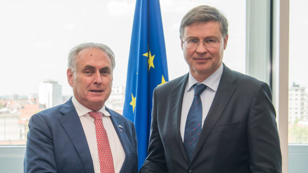 Trade Minister Don Farrell (left) with European Commissioner for Trade Valdis Dombrovskis in Brussels in June.