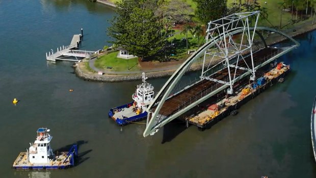 The massive arch for the Breakfast Creek Green Bridge in Brisbane, ready to be lifted into place.