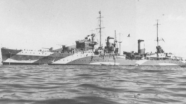 The HMAS Perth, a modified Leander-class light cruiser, in full camouflage for service in World War II.