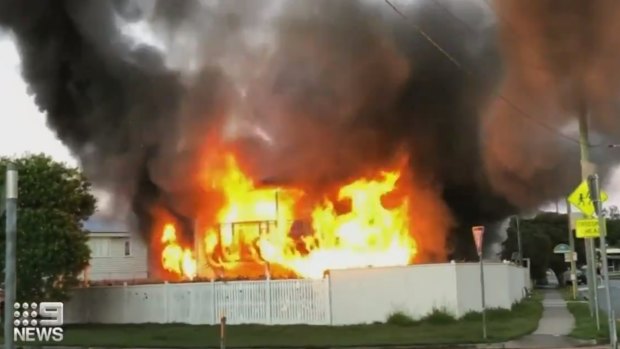 The fire at Wooloowin in Brisbane’s northside on Sunday morning.