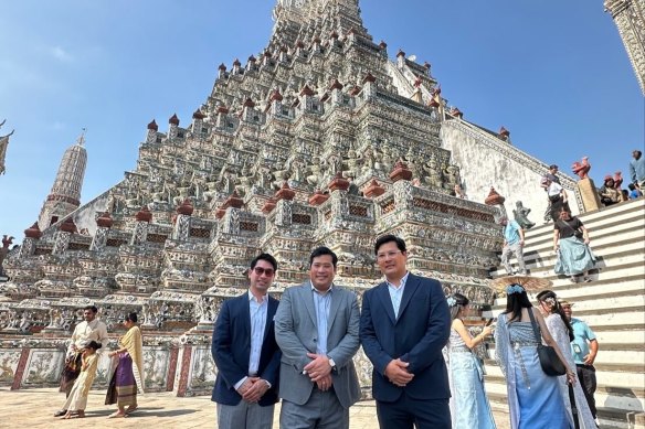 Three of the Thai king’s four sons in Bangkok on Friday. Vatchrawee (left) and Juthavachara (right) have not been seen in Thailand since the 1990s, while Vacharaesorn (centre) returned in 2023.