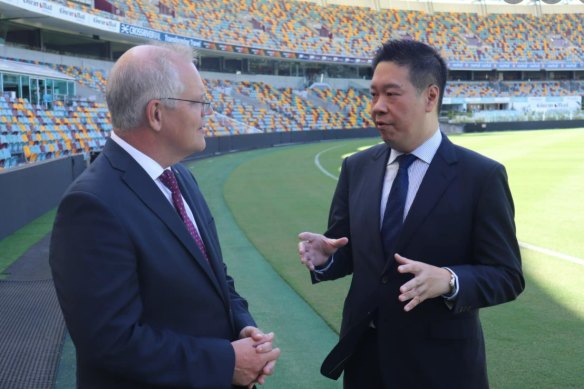 Prime Minister Scott Morrison with the LNP’s candidate for multicultural electorate of Moreton, Brisbane councillor Stephen Huang.