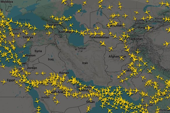 Flights avoiding airspace over Iran.