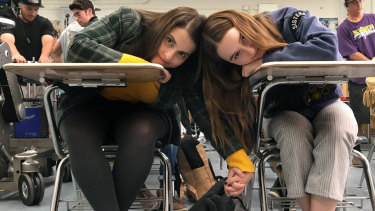 Beanie Feldstein and Kaitlyn Dever on the set of Olivia Wildes directorial debut, Booksmart.<br />