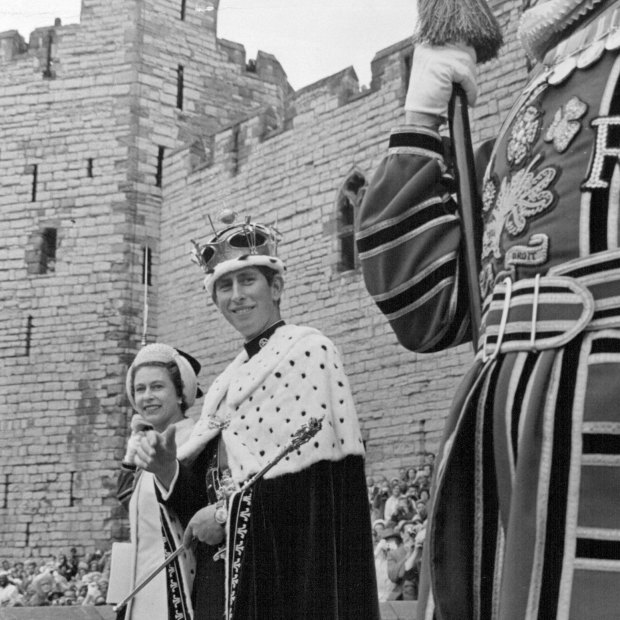 Charles with the Queen at his investiture as Prince of Wales at the ancient Caernarvon Castle in North Wales in 1969.