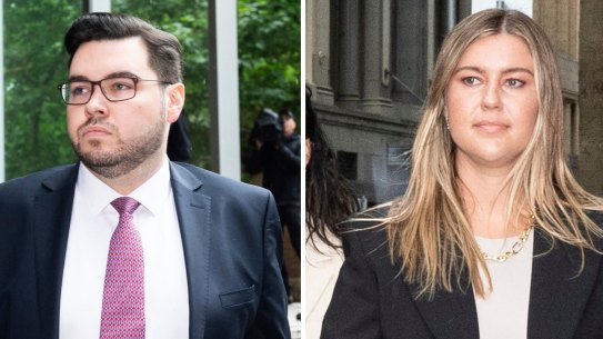 Bruce Lehrmann and Brittany Higgins outside court.