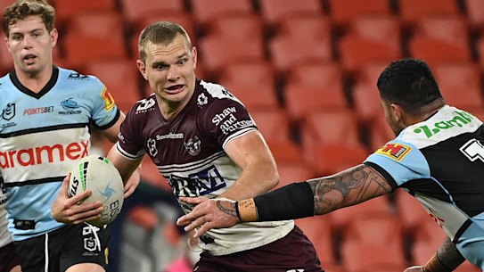 Tom Trbojevic runs as rugby league returned last Sunday at an empty Suncorp Stadium.