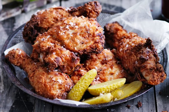Chilled sriracha-fried chicken and pickles, plus portable cucumber gin and tonic cocktails.