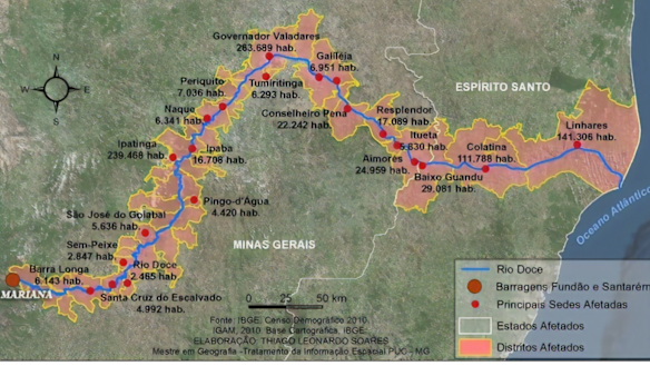 A map showing the main districts affected by the 2015 dam collapse.