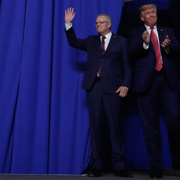 Prime Minister Scott Morrison and United States President Donald Trump greet the crowd in Ohio. 