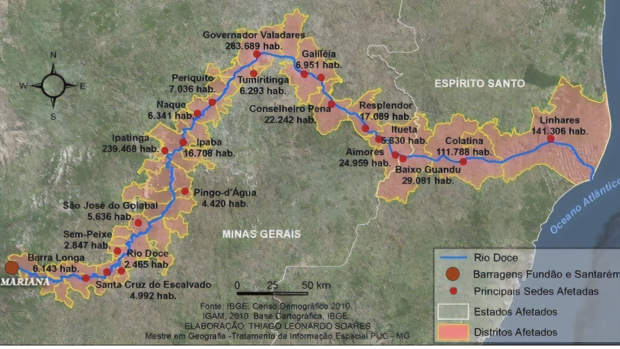 A map showing the main districts affected by the 2015 dam collapse.