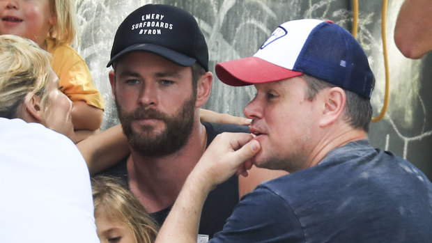 Hemsworth, his wife Elsa Pataky and Matt Damon enjoying a day out in Byron Bay.