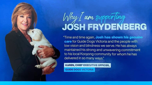 Guide Dogs Victoria chief executive Karen Hayes appered on Liberal Party pamphlets endorsing Josh Frydenberg.