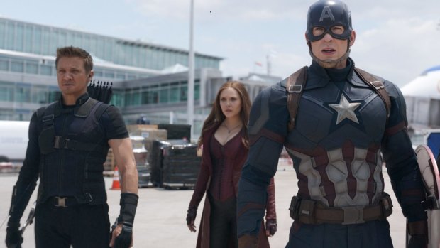 Scarlet Witch (Elizabeth Olsen, centre) with Hawkeye (Jeremy Renner, left) and Captain America (Chris Evans) in Captain America: Civil War.
