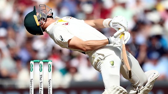 Doing the limbo: Marnus Labuschagne ducks under a bouncer at Headingley on Saturday.