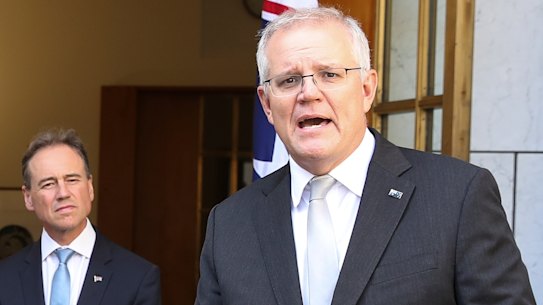 Secretary of the Department of Health Professor Brendan Murphy, Chief Medical Officer Professor Paul Kelly, Minister for Health and Aged Care Greg Hunt and Prime Minister Scott Morrison during a press conference following a national cabinet meeting