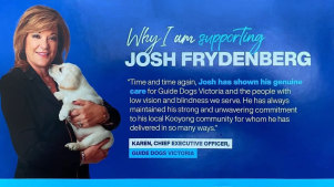 Guide Dogs Victoria chief executive Karen Hayes appered on Liberal Party pamphlets endorsing Josh Frydenberg