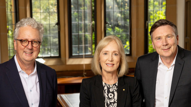 University of Sydney chancellor, David Thodey (right) with vice chancellor Mark Scott and former chancellor Belinda Hutchinson.